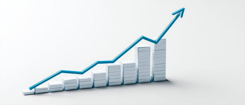 Gr&aacute;fico com barras e seta crescente representando evolu&ccedil;&atilde;o financeira e sucesso empresarial, conceito de aumento de lucros, investimentos e crescimento no mercado