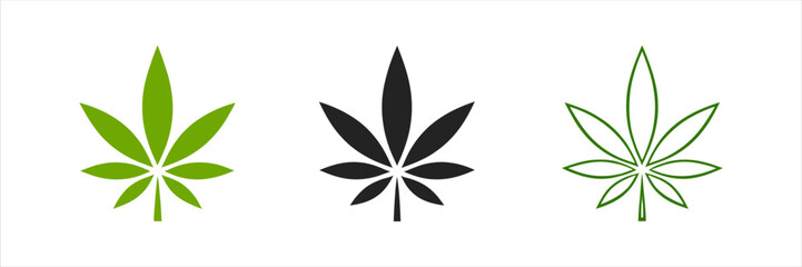 Cannabis leaf icons in green, black, and outline styles