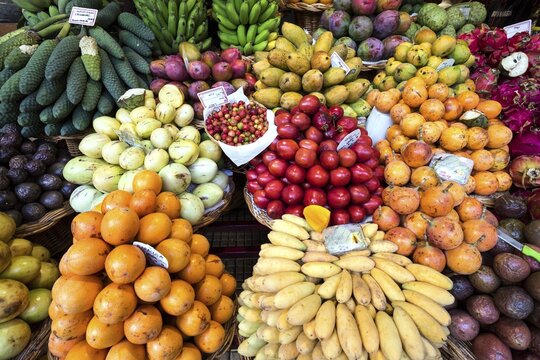 Exotic fruit stall, market, indoor market, Mercado dos Lavradores, Funchal, Madeira, Portugal