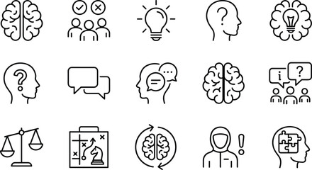Critical thinking line icons set, problem solving decision making psychology brainstorming intelligence communication strategy creativity analysis concept © Rubel