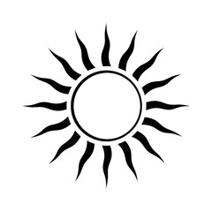 A black sun symbol with rays extending outwards isolated on transparent background
