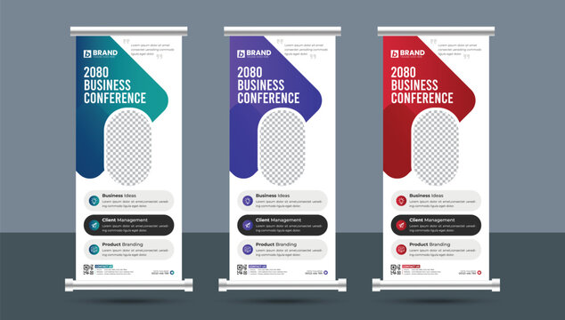 Creative minimal business conference roll up standee or x banner design layout template. Professional vertical rollup, pull up, flag-banner, exhibition display, x-stand design.