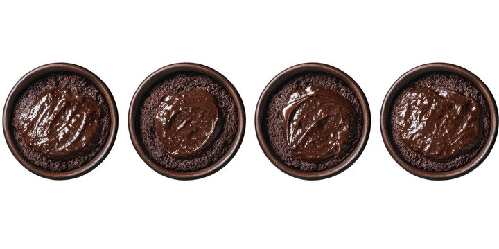 Four chocolate cakes with melted chocolate on top in round ceramic dishes side by side transparent background