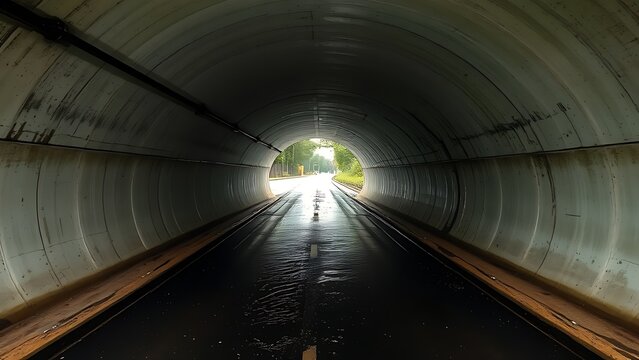 A concrete drainage pipe under a road, wet interior with dripping water, tunnel perspective. real-estate listings.