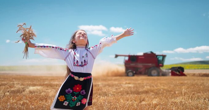Working combine and girl ethnic folklore bulgarian costume with on a harvesting og golden wheat field in countryside of Bulgaria

