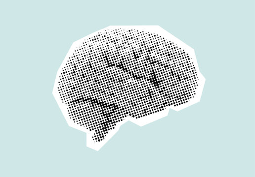 A halftone collage element of a human brain, created from scraps of newspaper. A design element in the trendy dotted pop art style. Vector retro halftone effect. 
