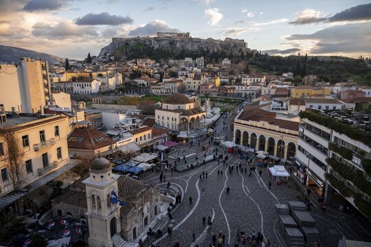 View over the old town of Athens, with Panagia Pantanassa Church, Tzisdarakis Mosque and Acropolis, Monastiraki Square, in the evening light, Athens, Attica, Greece