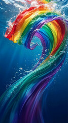 Fototapeta premium A vibrant, rainbow-colored cloth cascades in clear water, surrounded by bubbles, representing diversity, fluidity, and inclusion, suitable for banner