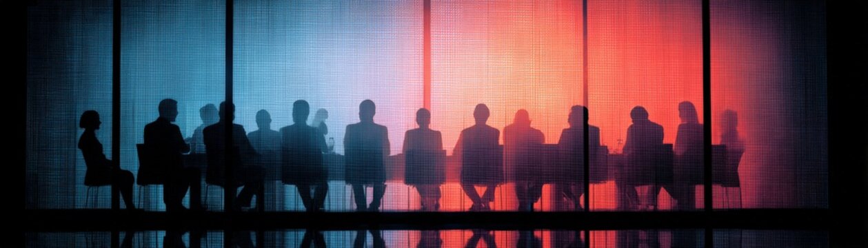 Silhouetted business team members seated around a conference table in a modern office with blue and red lighting, research consortium meeting, AI technology background