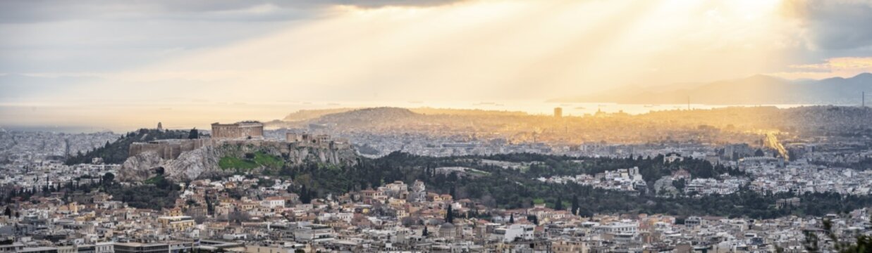 City panorama, evening mood, Parthenon temple, Acropolis, Athens, Greece
