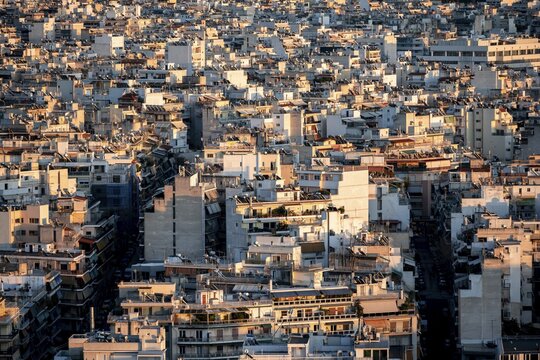 Densely populated cityscape, Many white houses, Athens, Greece