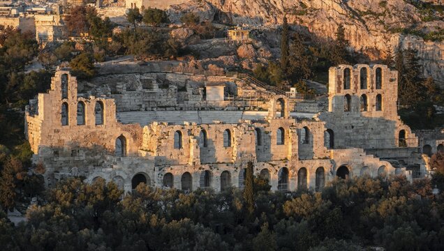 Odeon of Herodes Atticus, ancient tourist landmark on the Acropolis of Athens, dusk, Athens, Greece