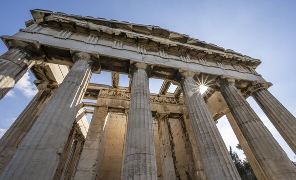 Temple of Hephaestus, with sun star, Greek Agora of Athens, ancient excavation site, Athens, Attica, Greece