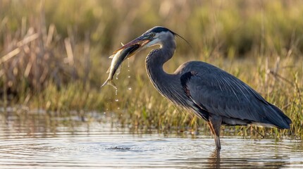 A large gray heron stands in shallow water with a fish in its beak.