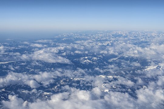 Aerial view, Alps under the clouds, Mountains with snow, Alpine region