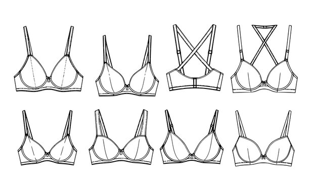 Front Open Moulded Cup Bra Technical Flat Sketch Collection Vector