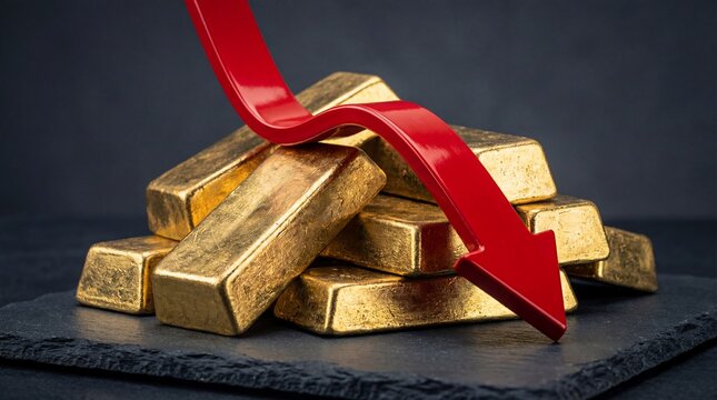 A stack of gold bars with a red downward arrow indicating a decline in value