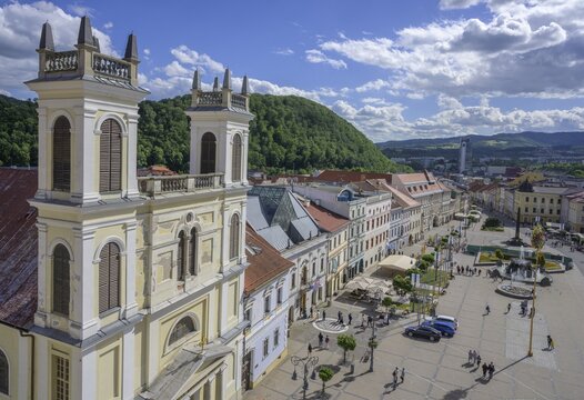 View of the Cathedral of St. Francis Xavier and the main square from the clock tower, Bansk&aacute; Bystrica, Banskobystrick&yacute; kraj, Slovakia