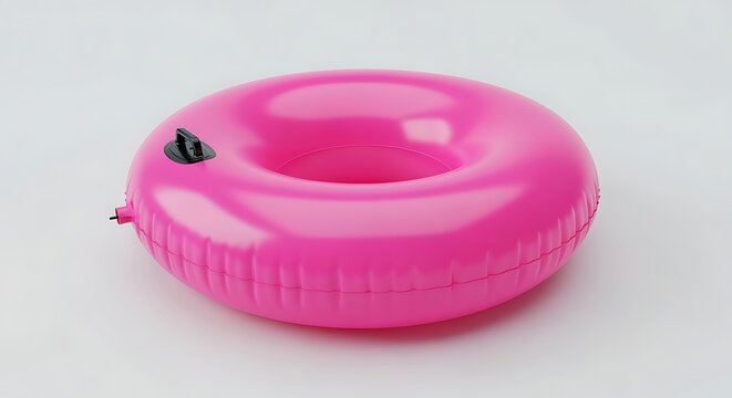 Pink Inflatable Pool Float Ring with Black Valve on White Background