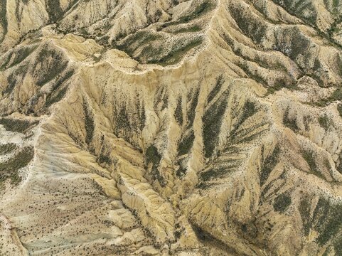 Bare ridges of eroded sandstone in the badlands of the Tabernas Desert, Europe's only true desert, aerial view, drone shot, Almer&iacute;a province, Andalusia, Spain