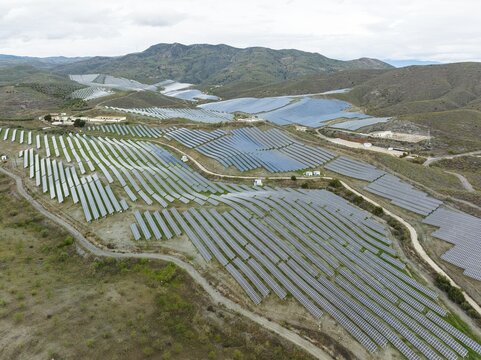 Rows of solar panels at the photovoltaic plant of Lucainena de las Torres, aerial view, drone shot, Almer&iacute;a province, Andalusia, Spain