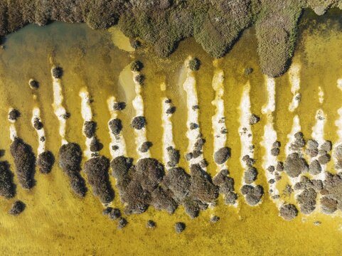 Sandbanks at the shallow lagoon Salinas de Cerrillos, aerial view, drone shot, Almer&iacute;a province, Andalusia, Spain