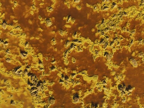 Detail of the Rio Tinto (Red river) with its deep reddish hue due to oxidised iron minerals in its water, aerial view, drone shot, Huelva province, Andalusia, Spain