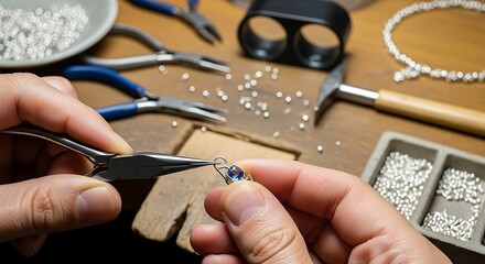 Jeweler crafting jewelry with tools on a wooden surface studio shot