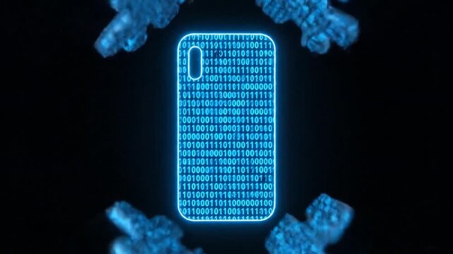 Abstract animation of binary puzzle pieces forming a glowing data smartphone on a dark background.