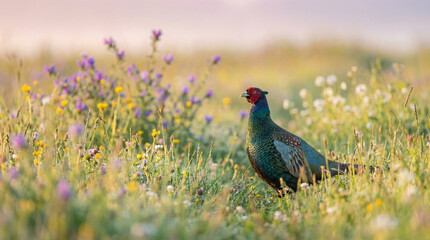 夕暮れ時の野花が咲く草原に佇むキジ(雉)