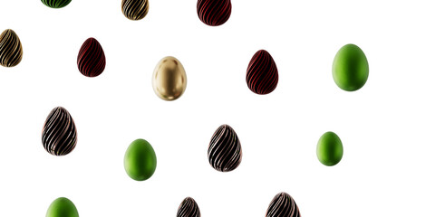 Decorative Easter eggs scattered on a white surface. Festive minimalist design, perfect for holiday greetings and spring © vegefox.com