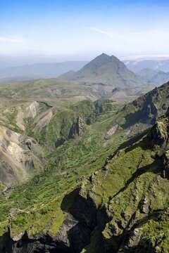 View of mountain landscape, on the ridge of Tindfj&ouml;ll, overgrown tuff rocks, wild nature, Icelandic Highlands, &THORN;&oacute;rsm&ouml;rk, Su&eth;urland, Iceland