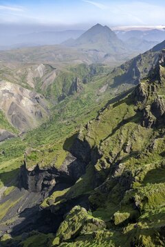 Green overgrown tuff rocks, on the ridge of Tindfj&ouml;ll, wild nature, Icelandic Highlands, &THORN;&oacute;rsm&ouml;rk, Su&eth;urland, Iceland