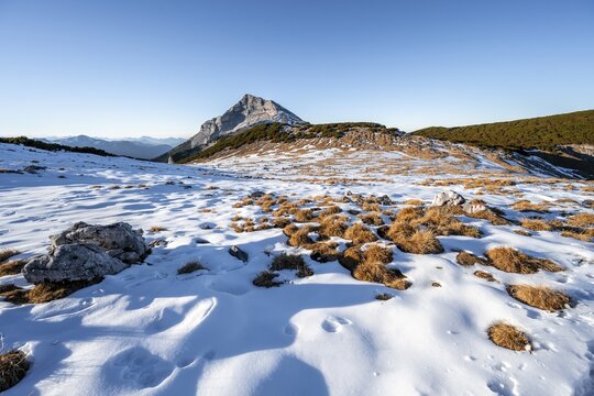 Plateau with first snow, hiking trail at Guffertstein, behind summit of Guffertspitze, in autumn, Brandenberger Alps, Tyrol, Austria