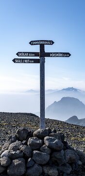 Sign with inscription Skogar and &THORN;&oacute;rsm&ouml;rk at the hiking trail Fimmv&ouml;r&eth;uh&aacute;ls, &THORN;&oacute;rsm&ouml;rk Nature Reserve, Su&eth;urland, Iceland