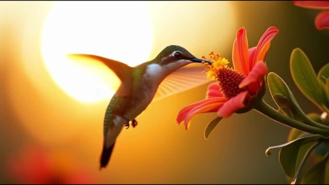 Hummingbird Feeding at Sunset with Glowing Sky