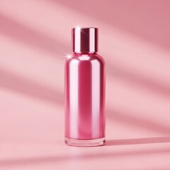 Pink Metallic Bottle with Cap on Pink Background with Shadows and Sparkles