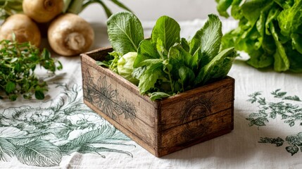Rustic Veggies: Fresh Produce in a Wooden Box on a Floral Tablecloth