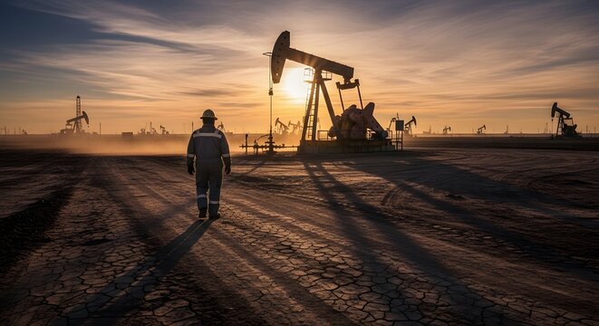 Silhouette of an industrial worker walking past an oil pumpjack at a drilling field during sunset