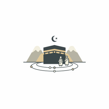 Sacred Kaaba at Night with Moon Above and Pilgrim Circles
