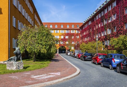 Yellow apartment buildings, Borstei, heritage-protected housing estate, Moosach district, Munich, Bavaria, Germany