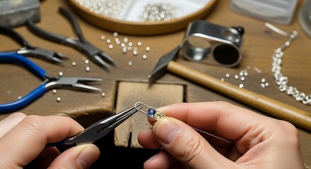 Jewelers hands working on silver jewelry with tools and materials close up