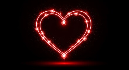 Glowing red neon heart on a black background, with dot accents and subtle shimmer