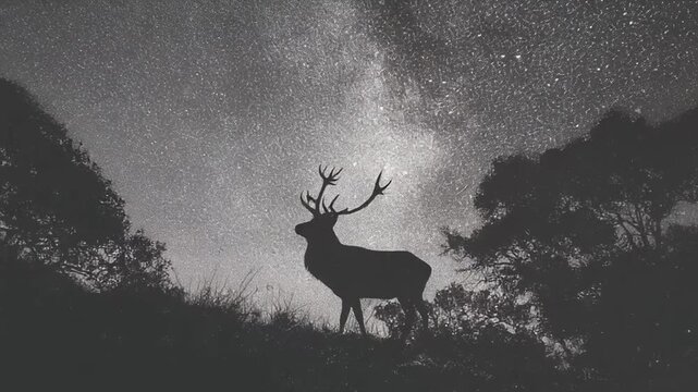 A silhouette of a deer with antlers on a hill under a starry night sky. The trees are silhouetted