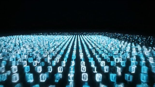 Low angle shot of glowing binary code animating in a dark abstract digital space.