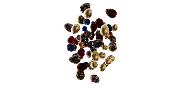 Abstract composition of floating golden, red, and blue objects with textured surfaces against a white backdrop. Perfect
