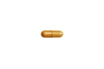 Golden medical capsule drug pill providing supplement for health care and pharmacy treatment isolated on transparent background