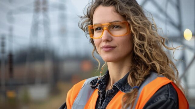 An engineer woman, donning safety vest and protective eyewear, exudes confidence as she poses for camera shot amidst industrial equipment in daylight power station. scene captures her professionalism
