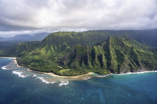 Aerial view of the Nā Pali Coast and Haena State Park, Kee Beach, Napali Coast, Kauai, Hawaii, USA
