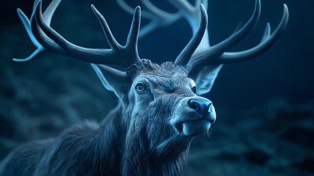 A regal elk, its gaze directed upward, features detailed fur, large antlers, and a tranquil forest backdrop